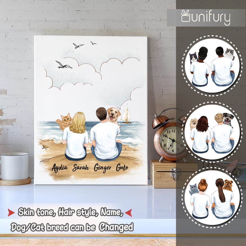 Personalized canvas print wall art gifts for pet lovers - Hugging dog, cat - Couple Beach