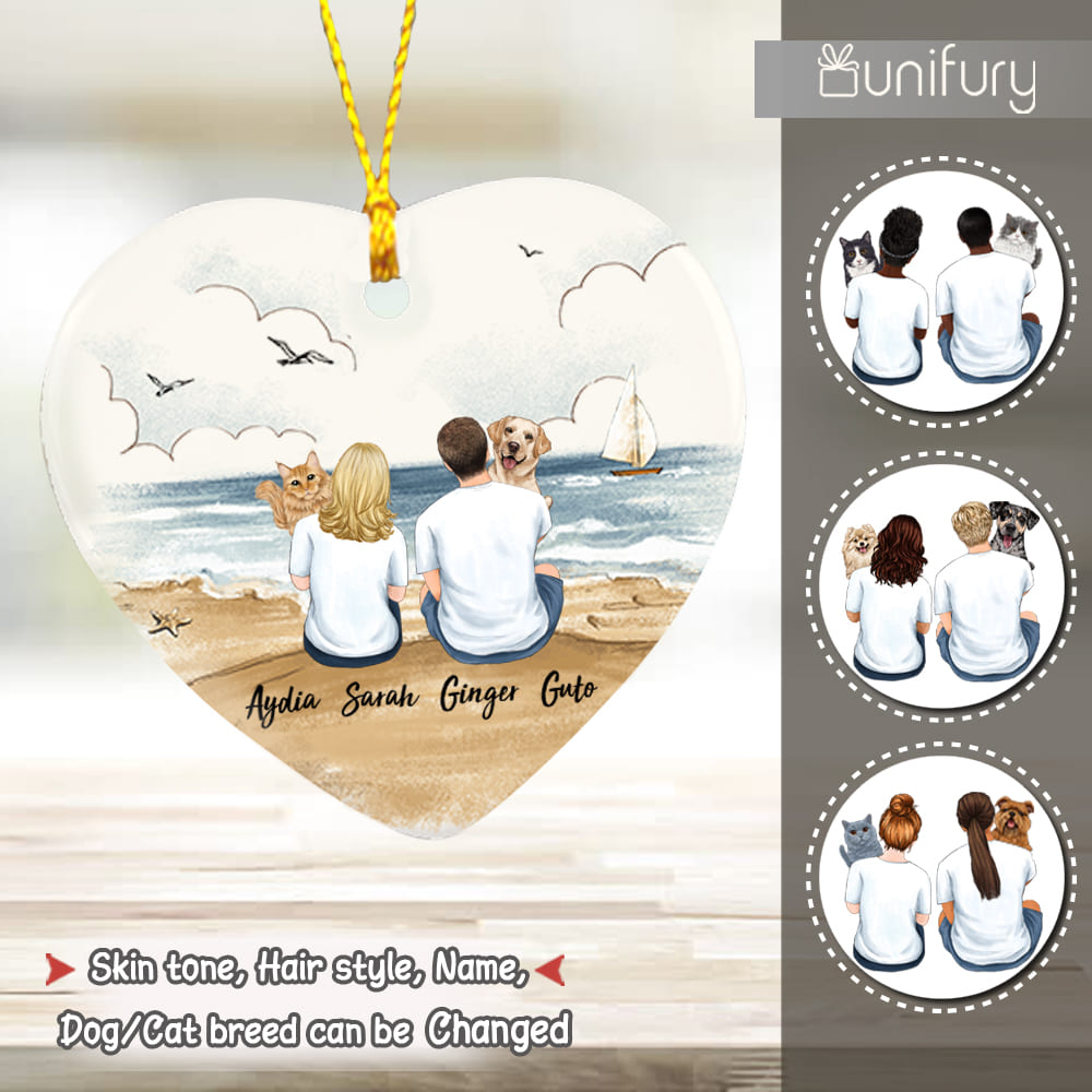 Personalized ceramic ornament gifts for pet lovers - Hugging dog, cat - Couple Beach