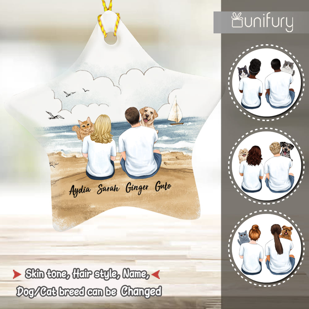 Personalized ceramic ornament gifts for pet lovers - Hugging dog, cat - Couple Beach