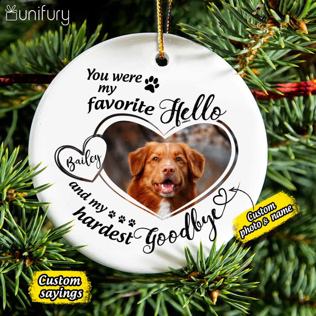 Dog Memorial Ornament - Cat Memorial Ornament - Custom Photo & Sayings - Personalized Christmas Ceramic Ornament - (Printed On Both Sides)