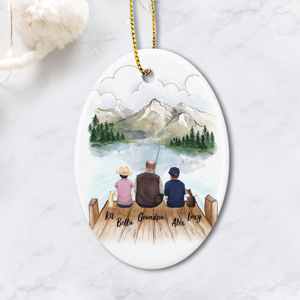 Personalized Family Ornament With Dog & Cat - Custom Ceramic Ornament - Personalized Gifts, Christmas Gifts For Family, Dog Cat Lovers, Fishing Lovers