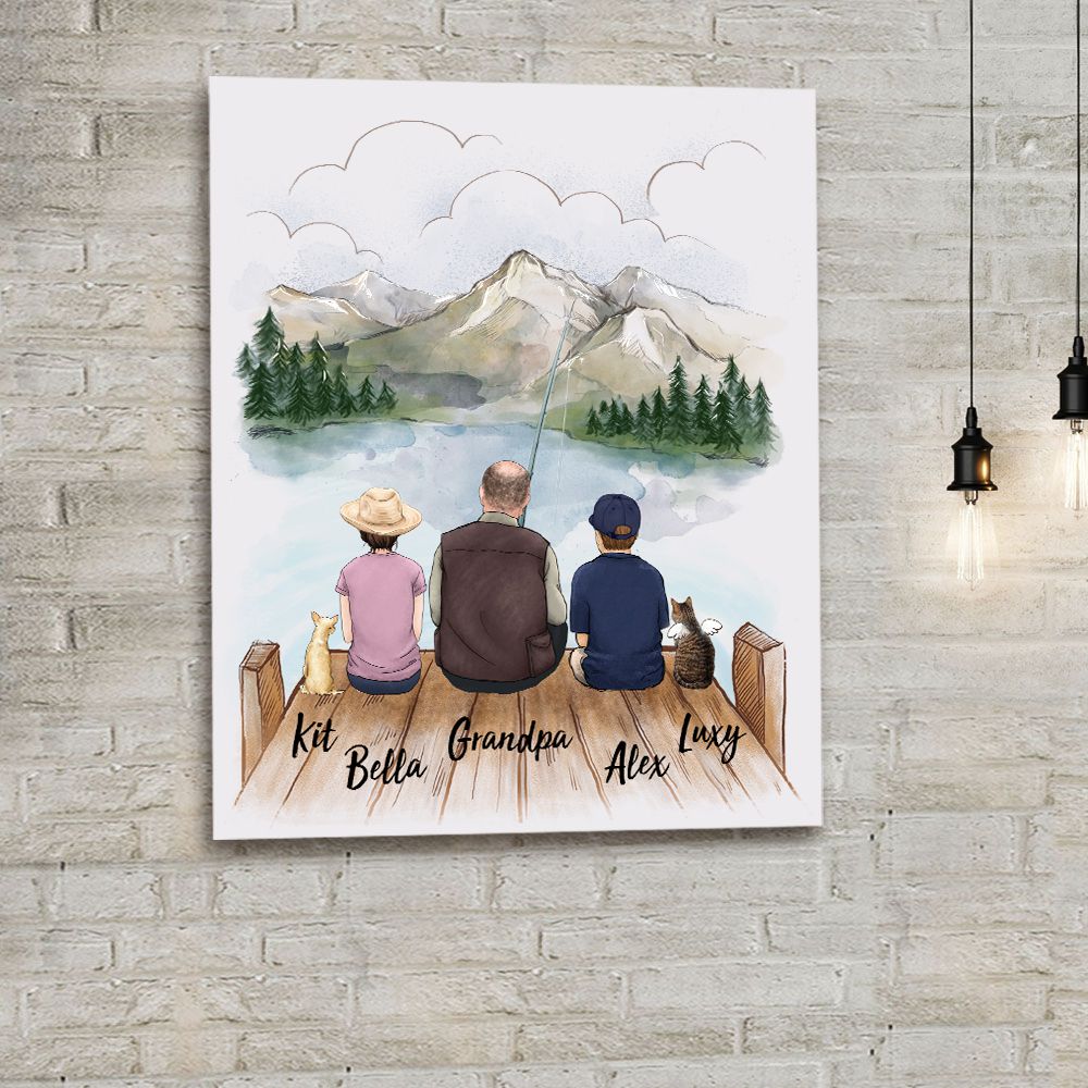 Personalized Family Canvas Wall Art - Family & Dogs & Cats Wooden Dock Canvas Print - Gifts For Fishing Lovers