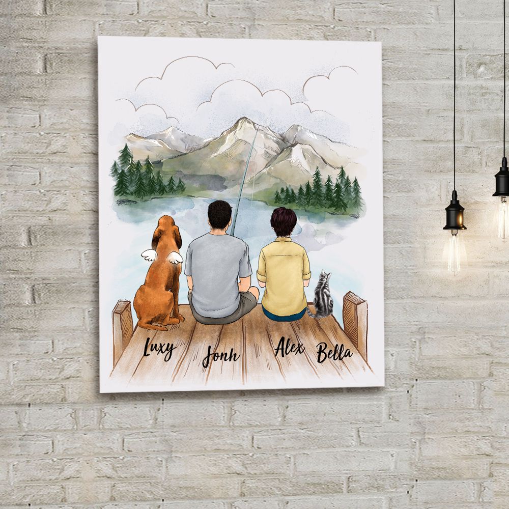 Personalized Family Canvas Wall Art - Family & Dogs & Cats Wooden Dock Canvas Print - Gifts For Fishing Lovers