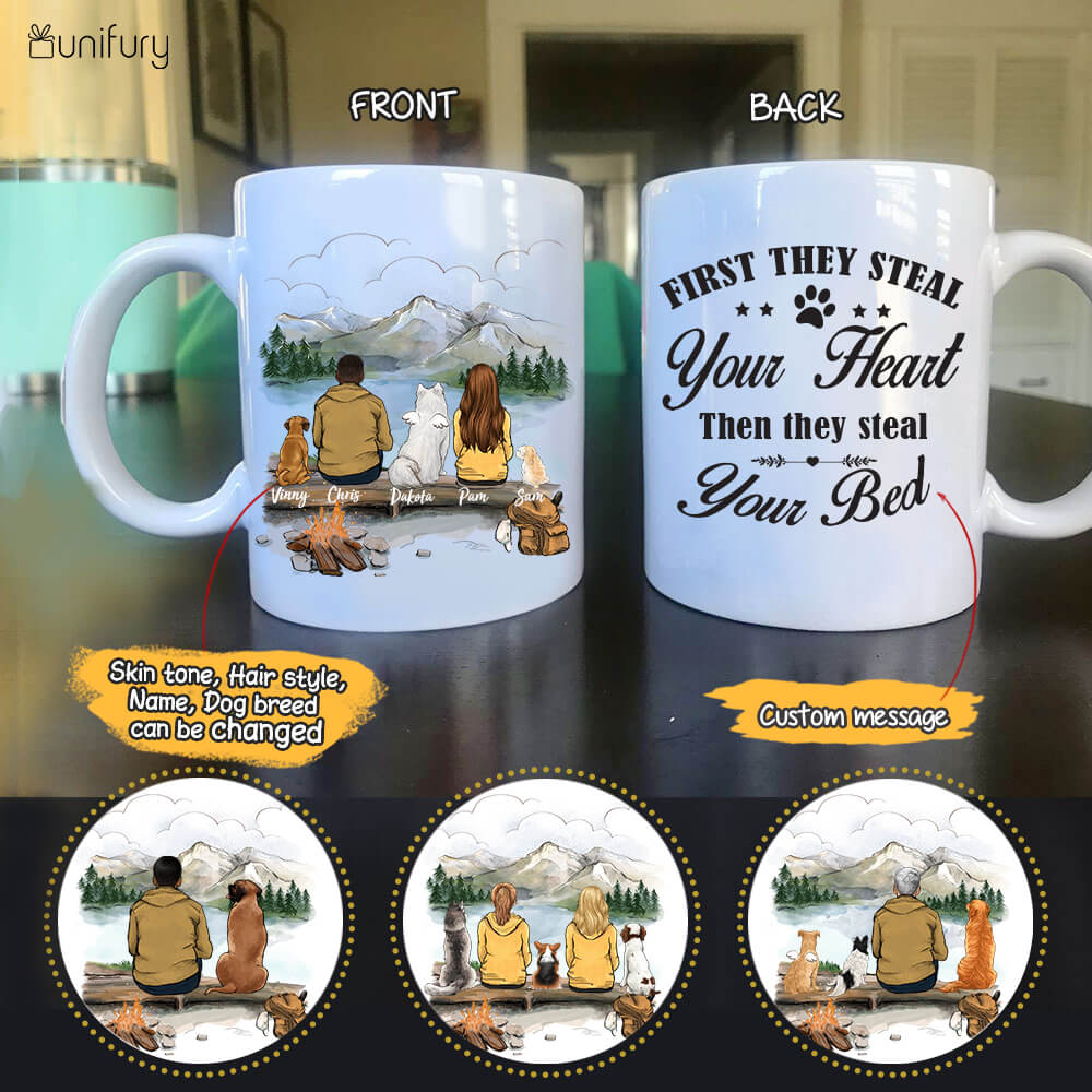 Personalized Dog Mug - Mountain Hiking Dog & Couple - Custom Message - Gifts For Dog Lovers