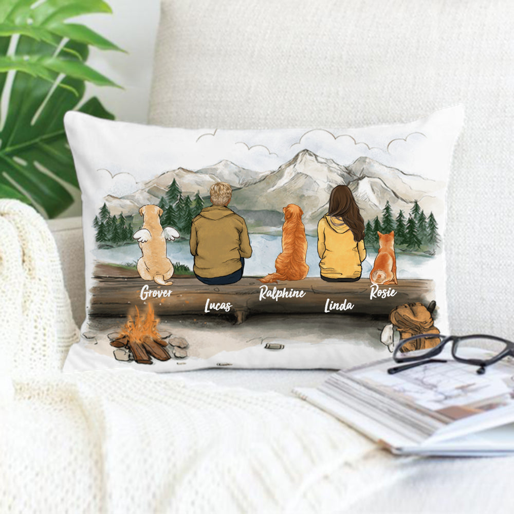 dog owner hiking with dog canvas or linen or suede pillow gift for dog lovers