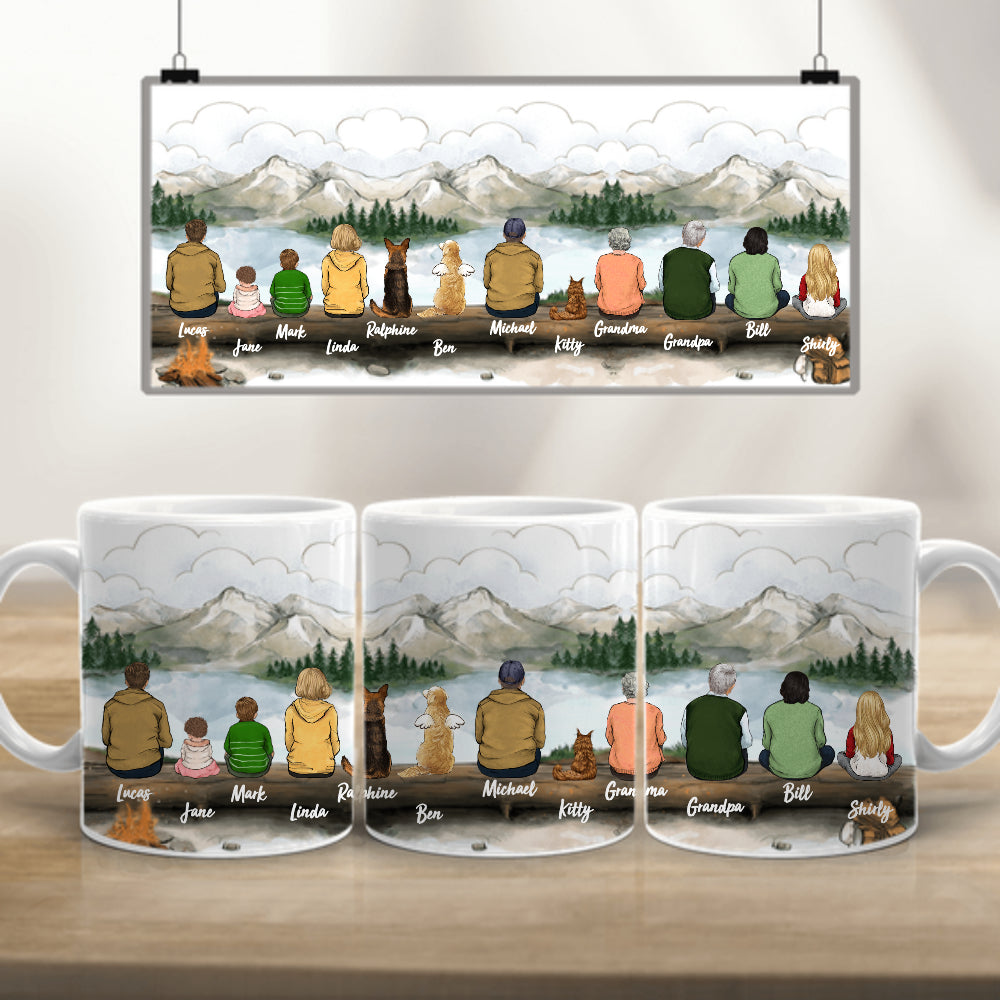 Custom Pet Mug - Family & Dog & Cat Mug - Up To 12 People & Pets - Hiking - Edge To Edge Coffee Mug