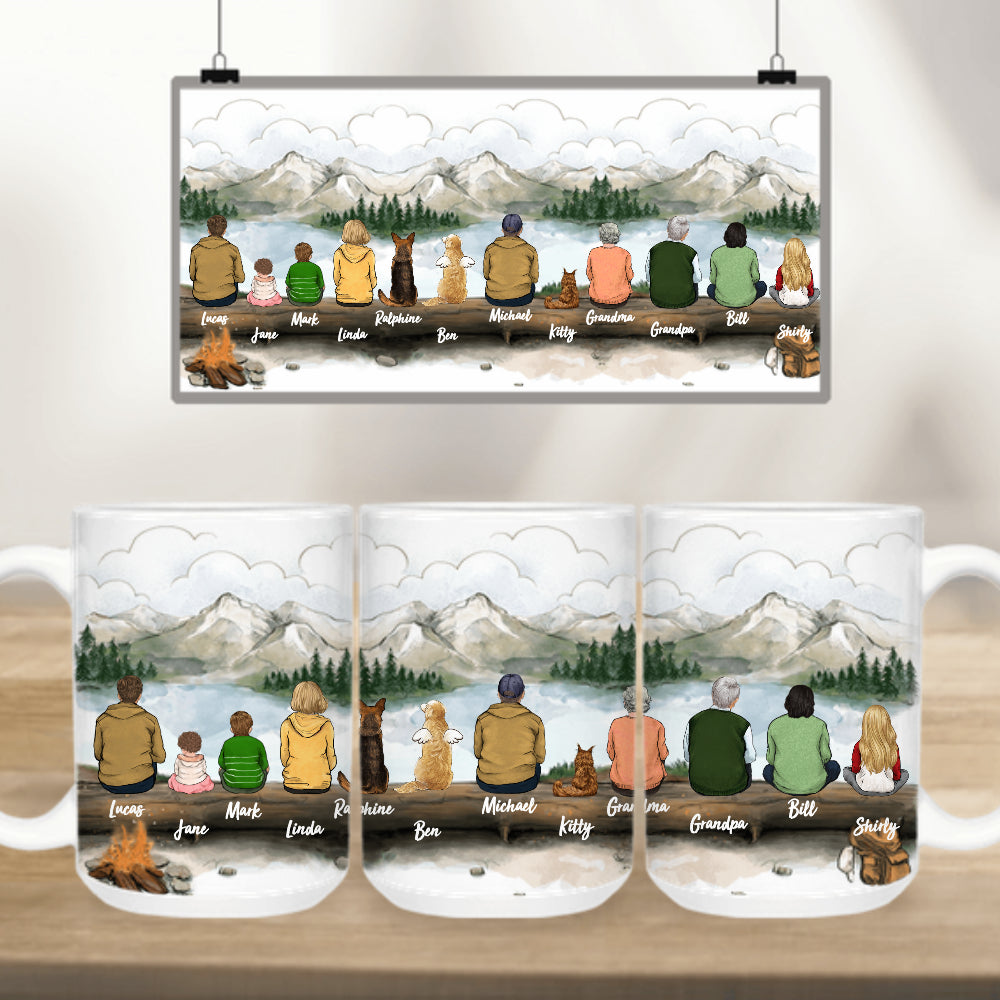 Custom Pet Mug - Family & Dog & Cat Mug - Up To 12 People & Pets - Hiking - Edge To Edge Coffee Mug