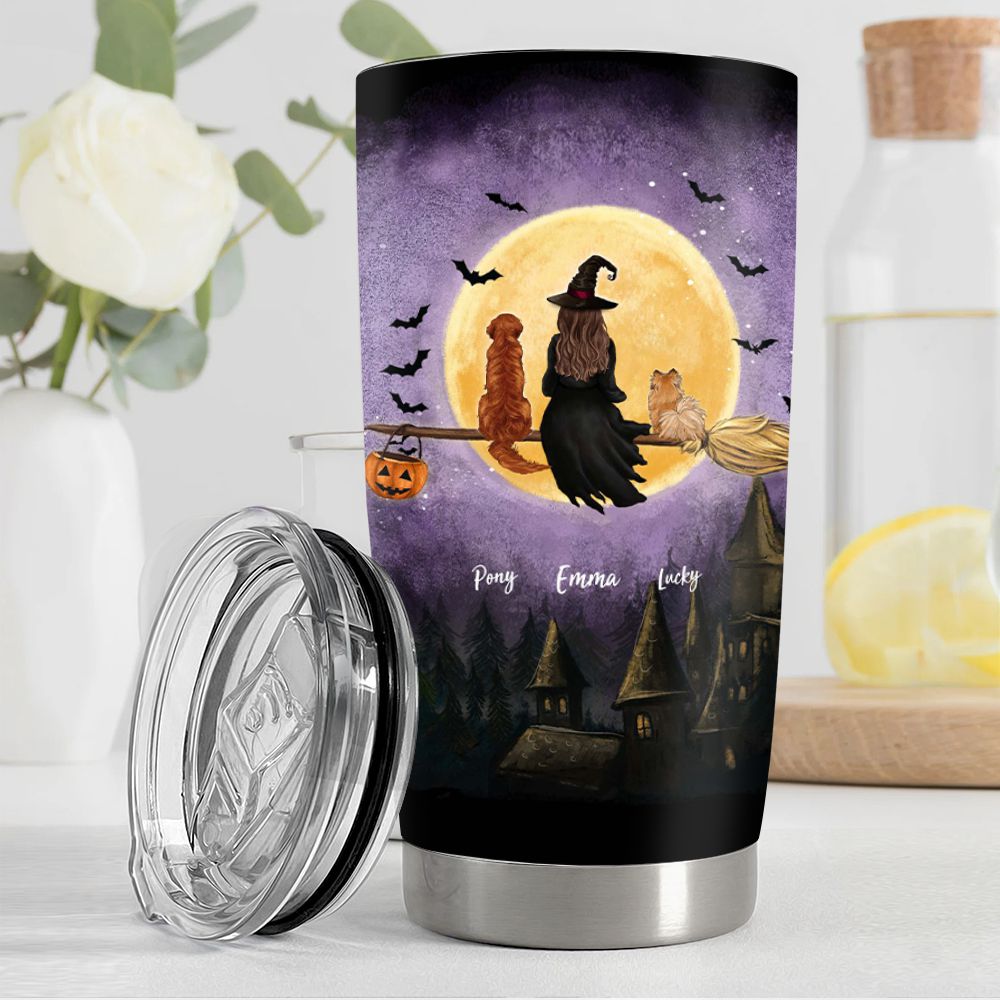 Personalized Halloween Fat Tumbler Gifts For Dog Cat Lovers - Flying On Broom