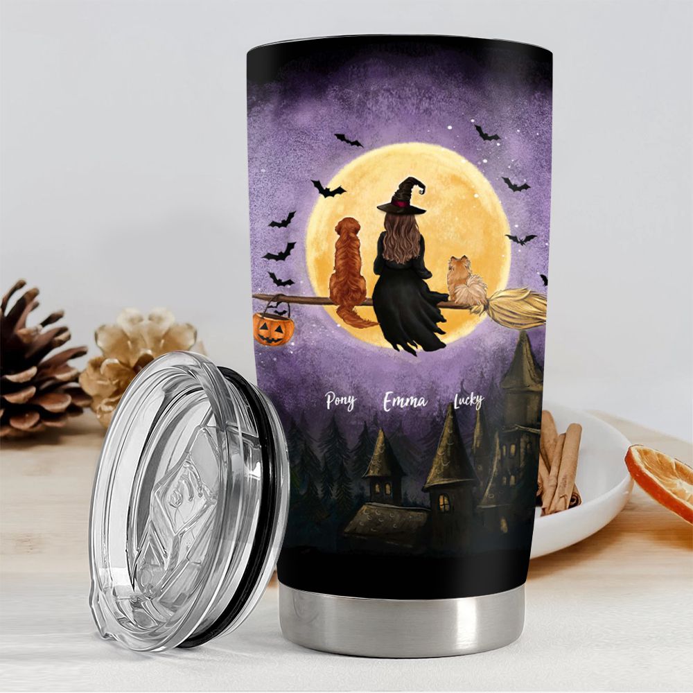 Personalized Halloween Fat Tumbler Gifts For Dog Cat Lovers - Flying On Broom
