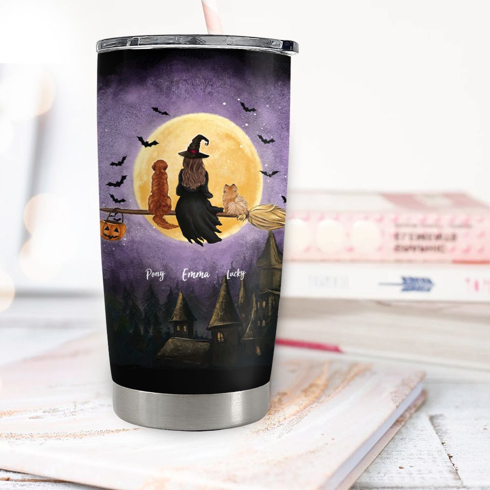 Personalized Halloween Fat Tumbler Gifts For Dog Cat Lovers - Flying On Broom