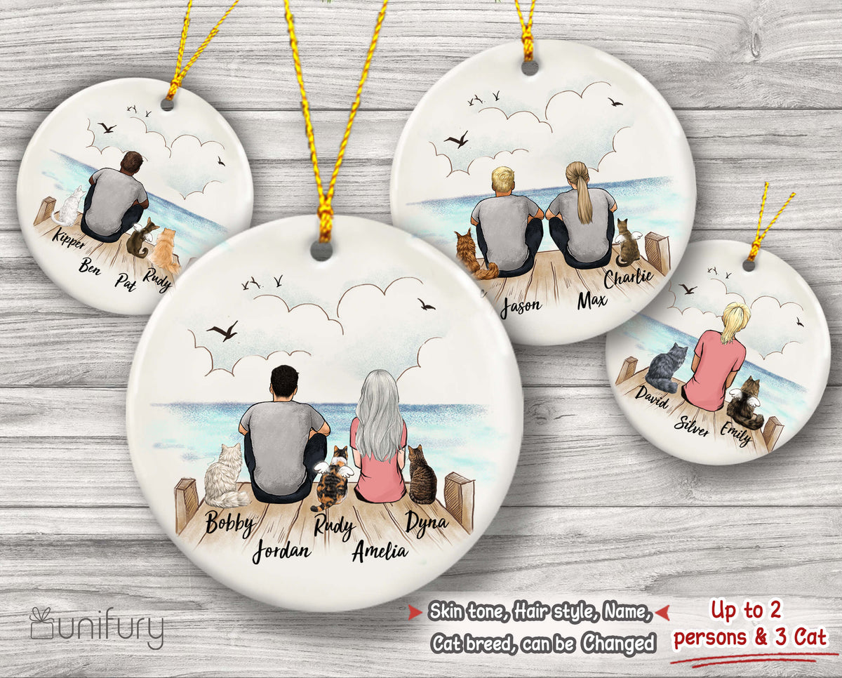 Personalized Cat & Couple Christmas Ornament - Wooden Dock