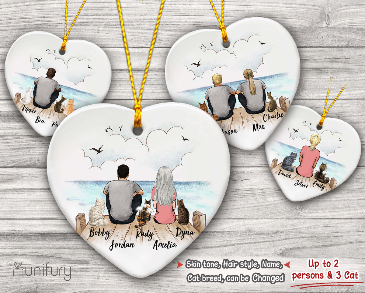 Personalized Cat & Couple Christmas Ornament - Wooden Dock