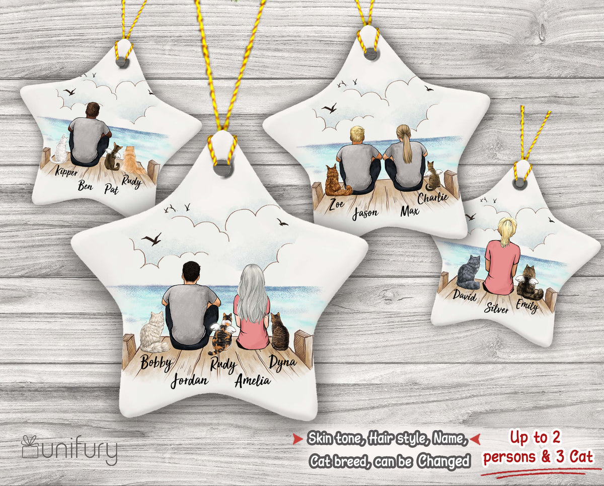 Personalized Cat & Couple Christmas Ornament - Wooden Dock