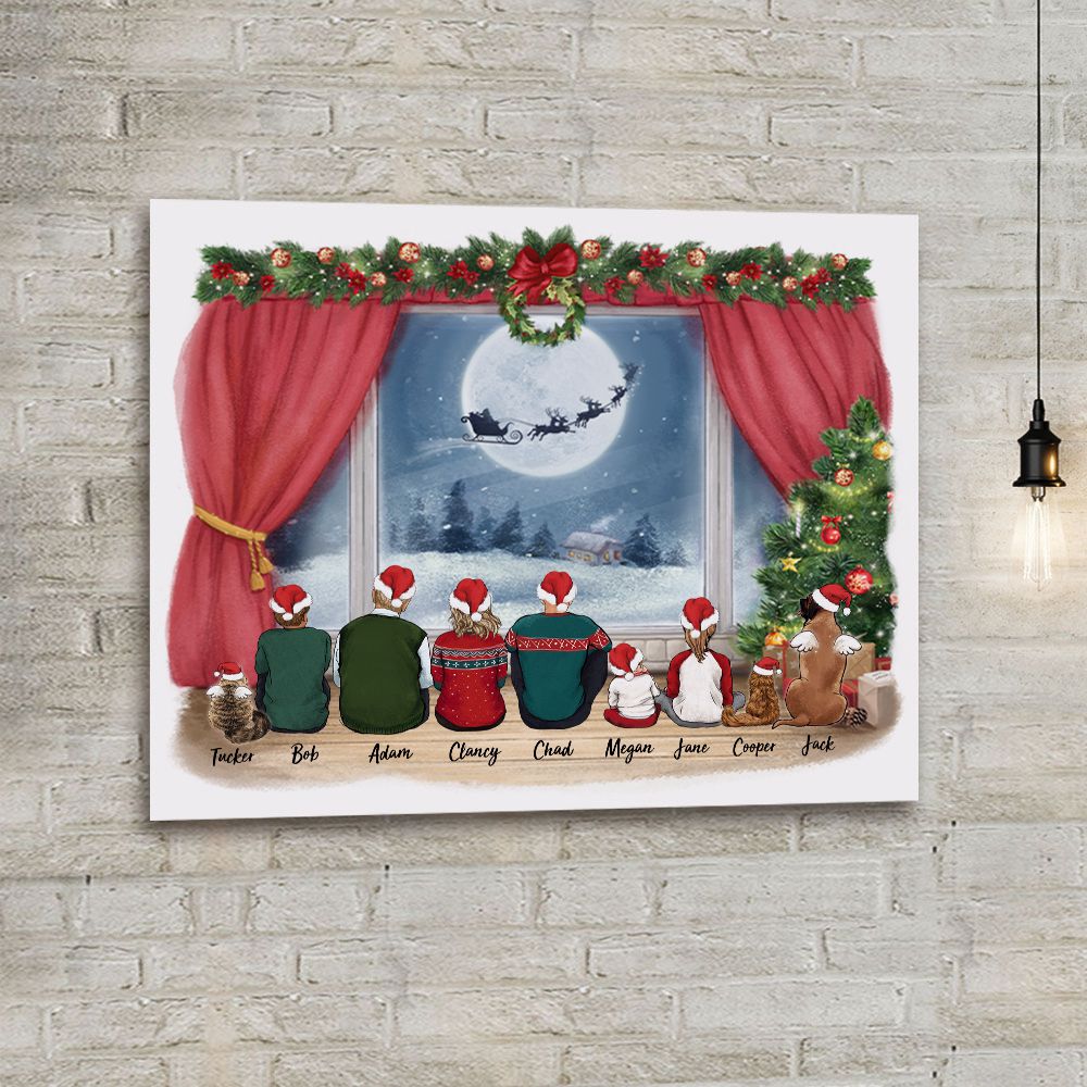 Personalized Christmas canvas print gifts with the whole family & dogs & cats - UP TO 9 PEOPLE & PETS - Waiting for Santa