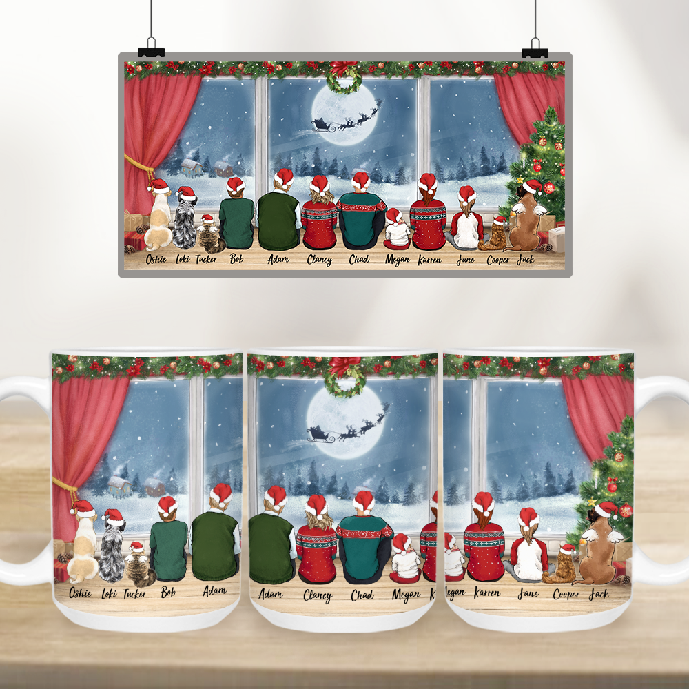 Personalized Edge to Edge coffee mug gifts with the whole family & dog & cat - UP TO 12 PEOPLE & PETS - Waiting For Santa