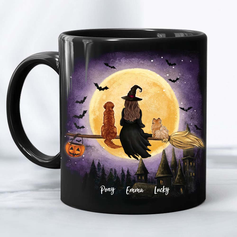 Flying On Broom - Personalized Halloween Mug, Funny Mug For Dog Cat Lovers - Personalized Mug