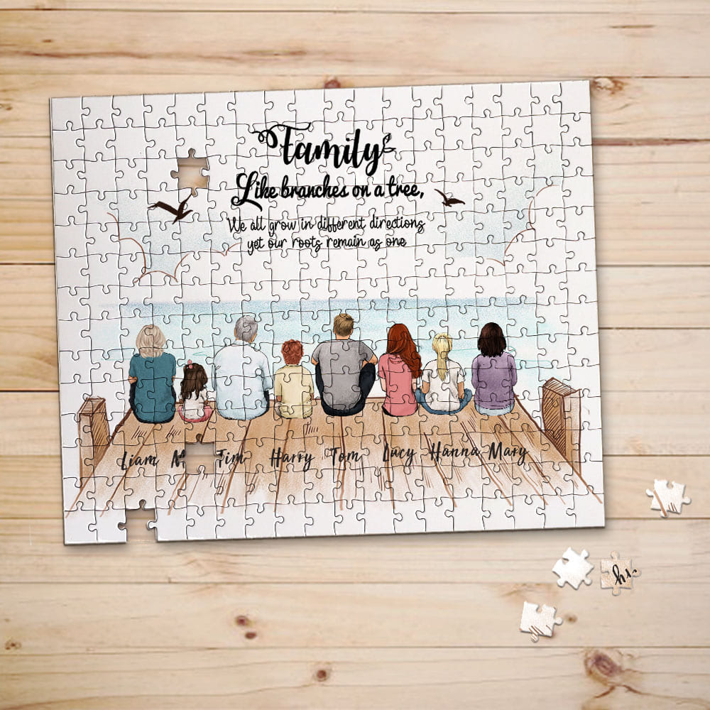 Personalized puzzle gifts for the whole family with custom message - UP TO 8 PEOPLE - Wooden dock