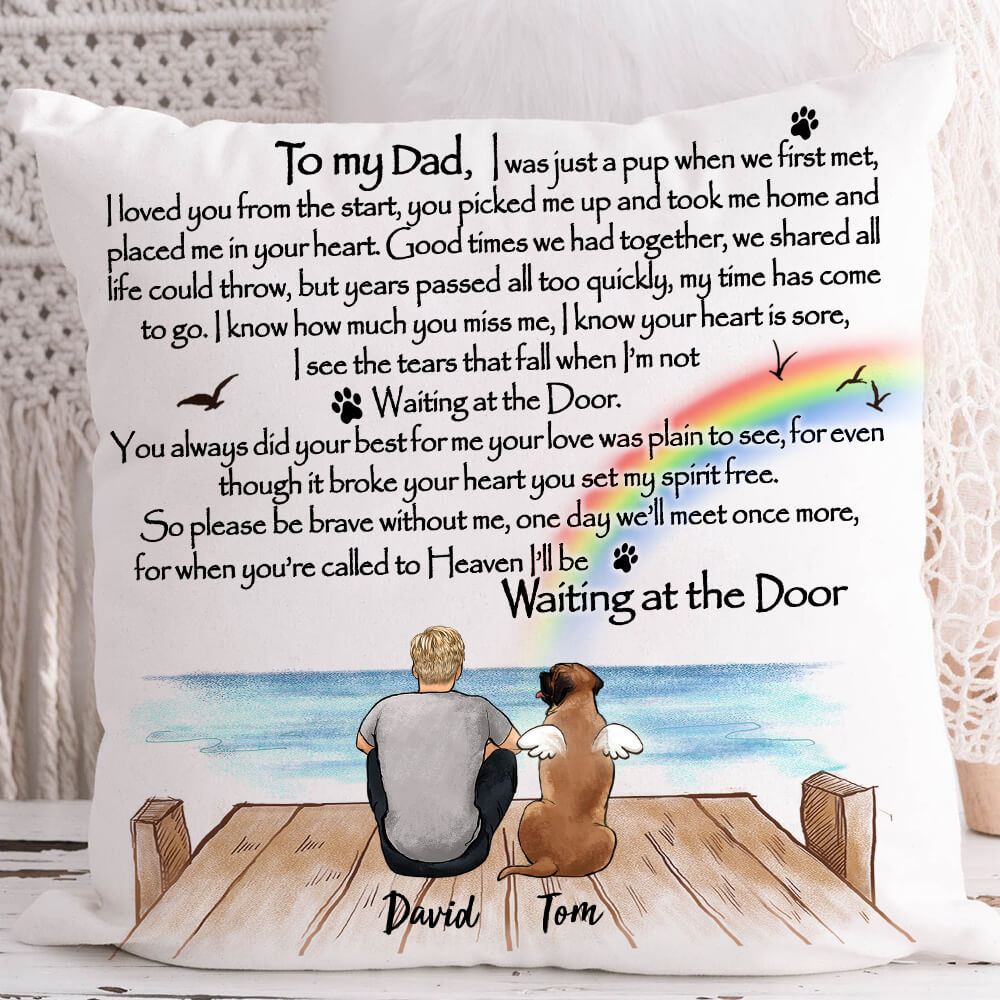 Personalized dog memorial gifts Throw Pillow Waiting at the Door - Rainbow bridge