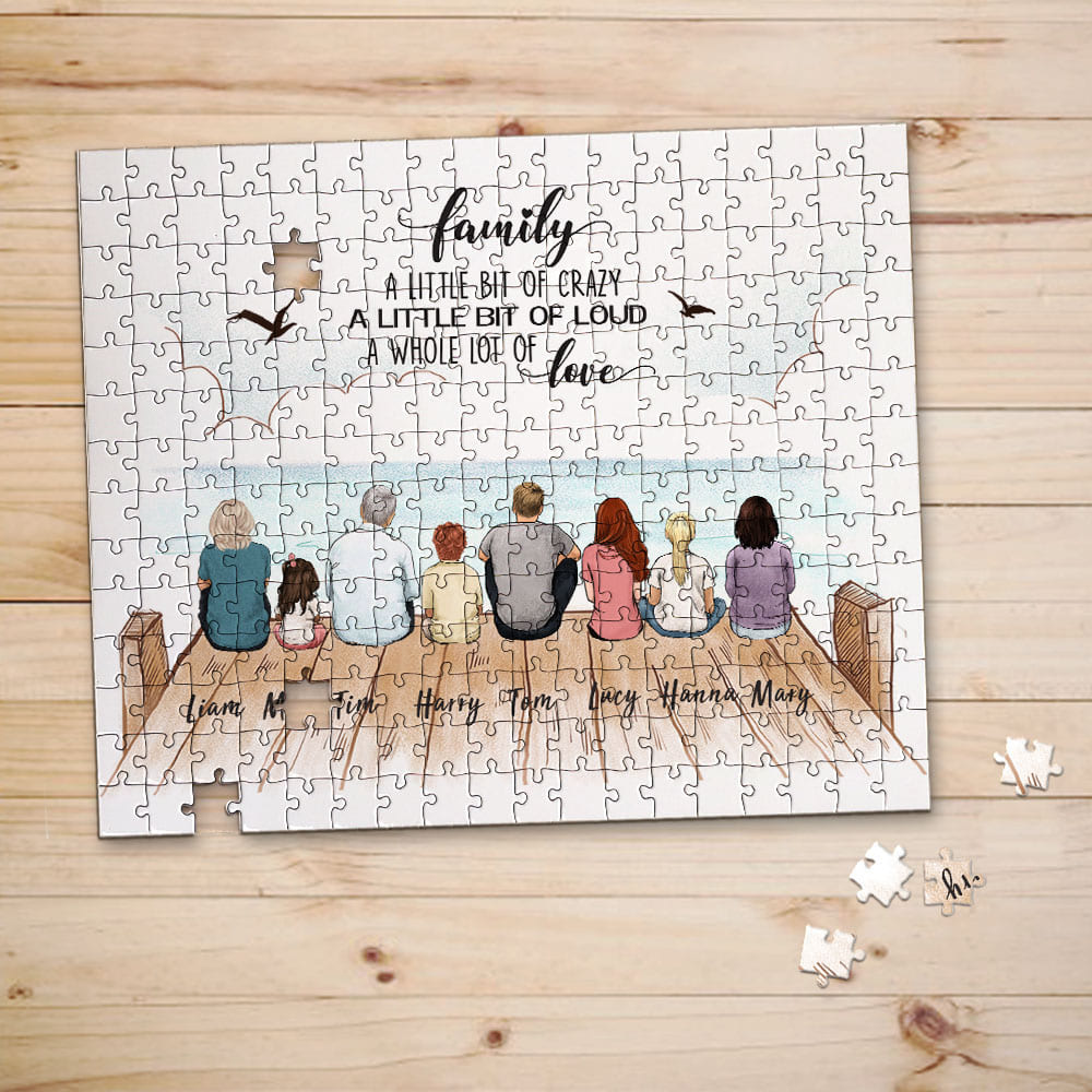 Personalized puzzle gifts for the whole family with custom message - UP TO 8 PEOPLE - Wooden dock