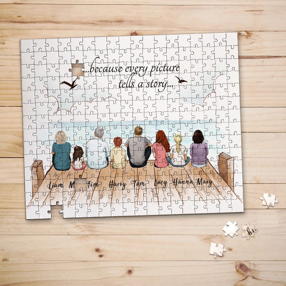 Personalized puzzle gifts for the whole family with custom message - UP TO 8 PEOPLE - Wooden dock