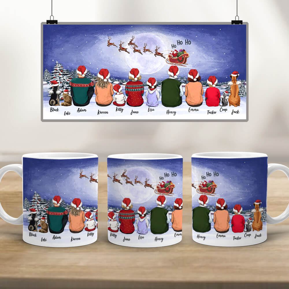 Personalized Edge to Edge coffee mug gifts with the whole family & dog & cat - UP TO 12 PEOPLE & PETS - Santa Ho Ho Ho