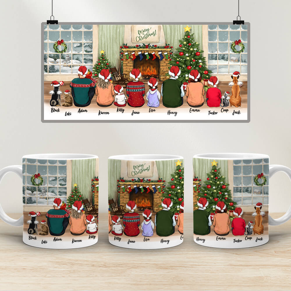 Family & Dog & Cat - Up To 12 People & Pets - Personalized Christmas Mug For Family, Dog Cat Lovers - Edge To Edge Coffee Mug