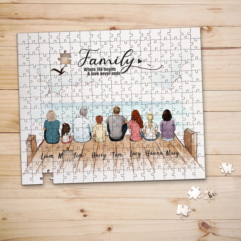 Personalized puzzle gifts for the whole family with custom message - UP TO 8 PEOPLE - Wooden dock