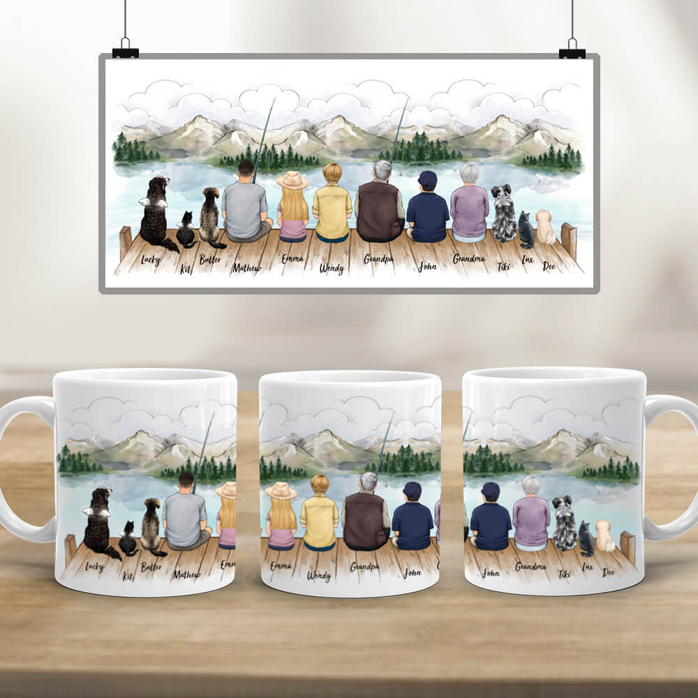 Personalized Edge to Edge coffee mug gifts with the whole family & dog & cat - UP TO 12 PEOPLE & PETS - Fishing
