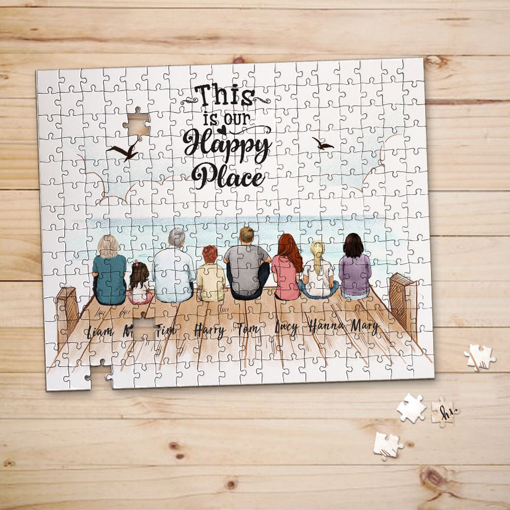 Personalized puzzle gifts for the whole family with custom message - UP TO 8 PEOPLE - Wooden dock