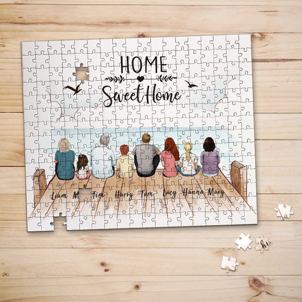 Personalized puzzle gifts for the whole family with custom message - UP TO 8 PEOPLE - Wooden dock