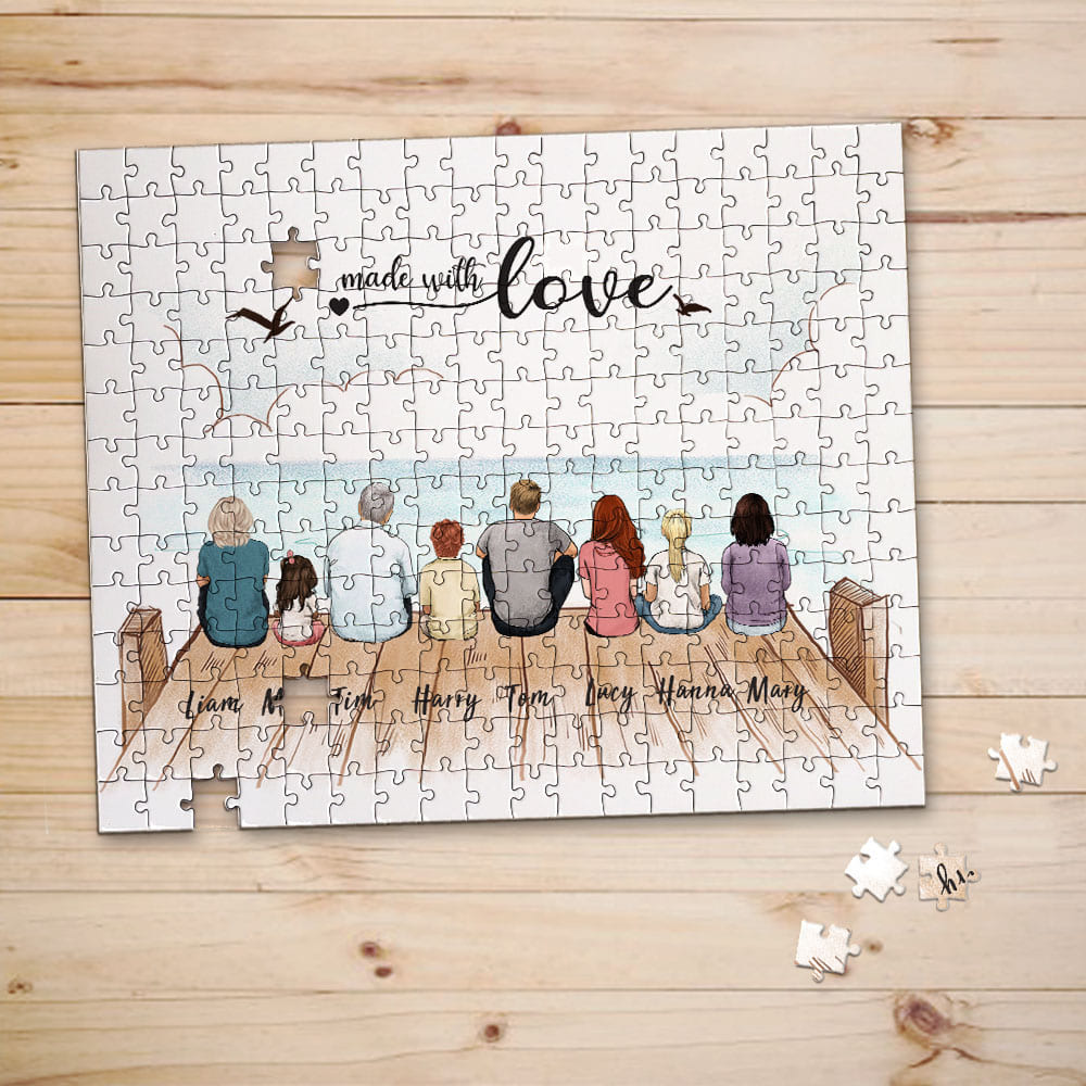 Personalized puzzle gifts for the whole family with custom message - UP TO 8 PEOPLE - Wooden dock