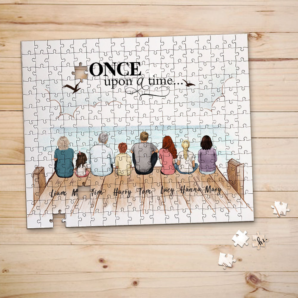 Personalized puzzle gifts for the whole family with custom message - UP TO 8 PEOPLE - Wooden dock