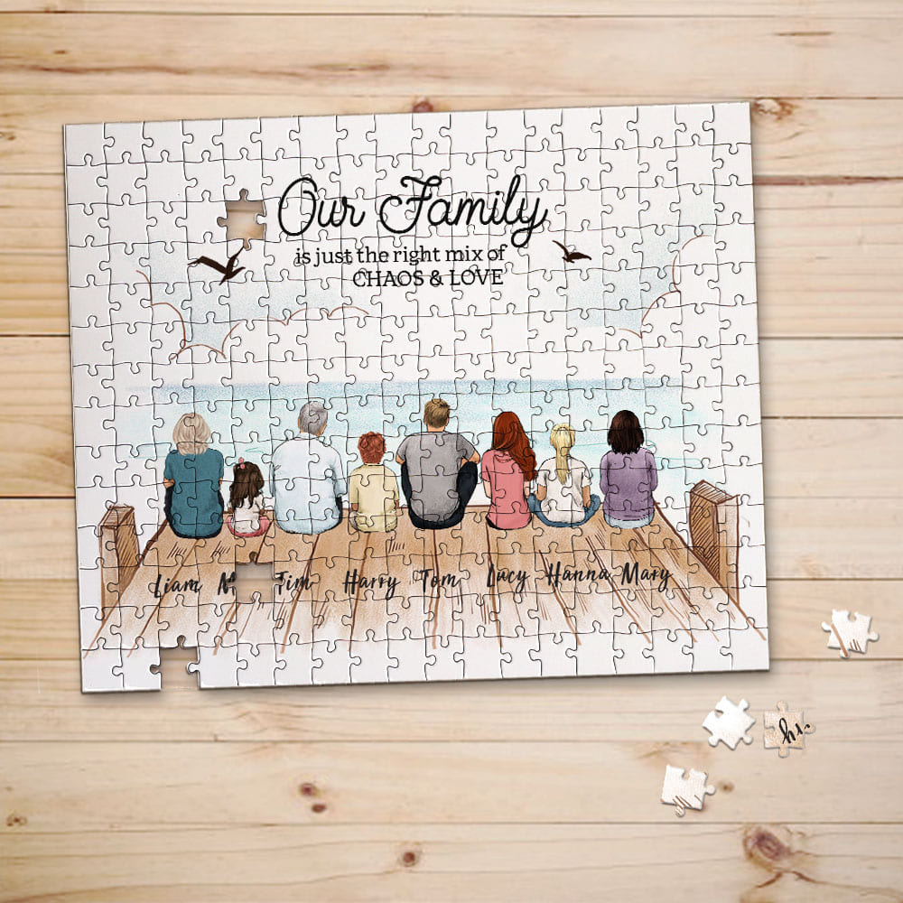 Personalized puzzle gifts for the whole family with custom message - UP TO 8 PEOPLE - Wooden dock