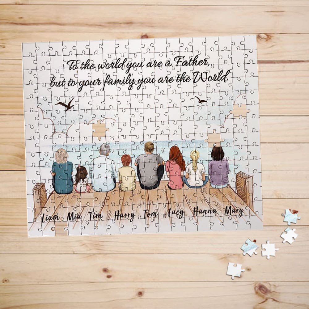 Personalized puzzle gifts for the whole family with custom message - UP TO 8 PEOPLE - Wooden dock