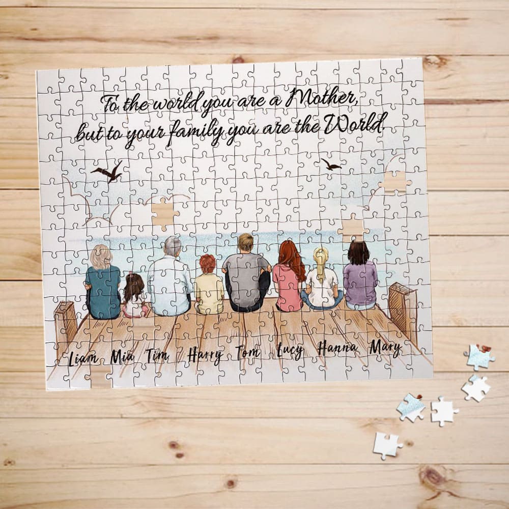 Personalized puzzle gifts for the whole family with custom message - UP TO 8 PEOPLE - Wooden dock