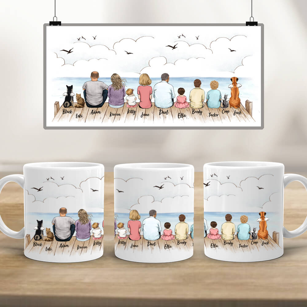Personalized Edge to Edge coffee mug gifts with the whole family & dog & cat - UP TO 12 PEOPLE & PETS - Wooden Dock