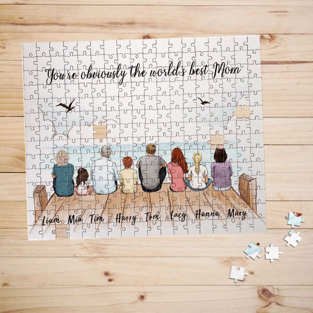 Personalized puzzle gifts for the whole family with custom message - UP TO 8 PEOPLE - Wooden dock