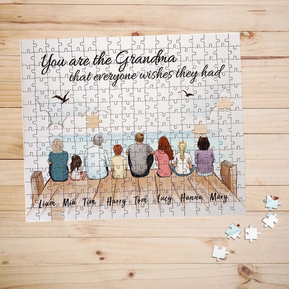 Personalized puzzle gifts for the whole family with custom message - UP TO 8 PEOPLE - Wooden dock