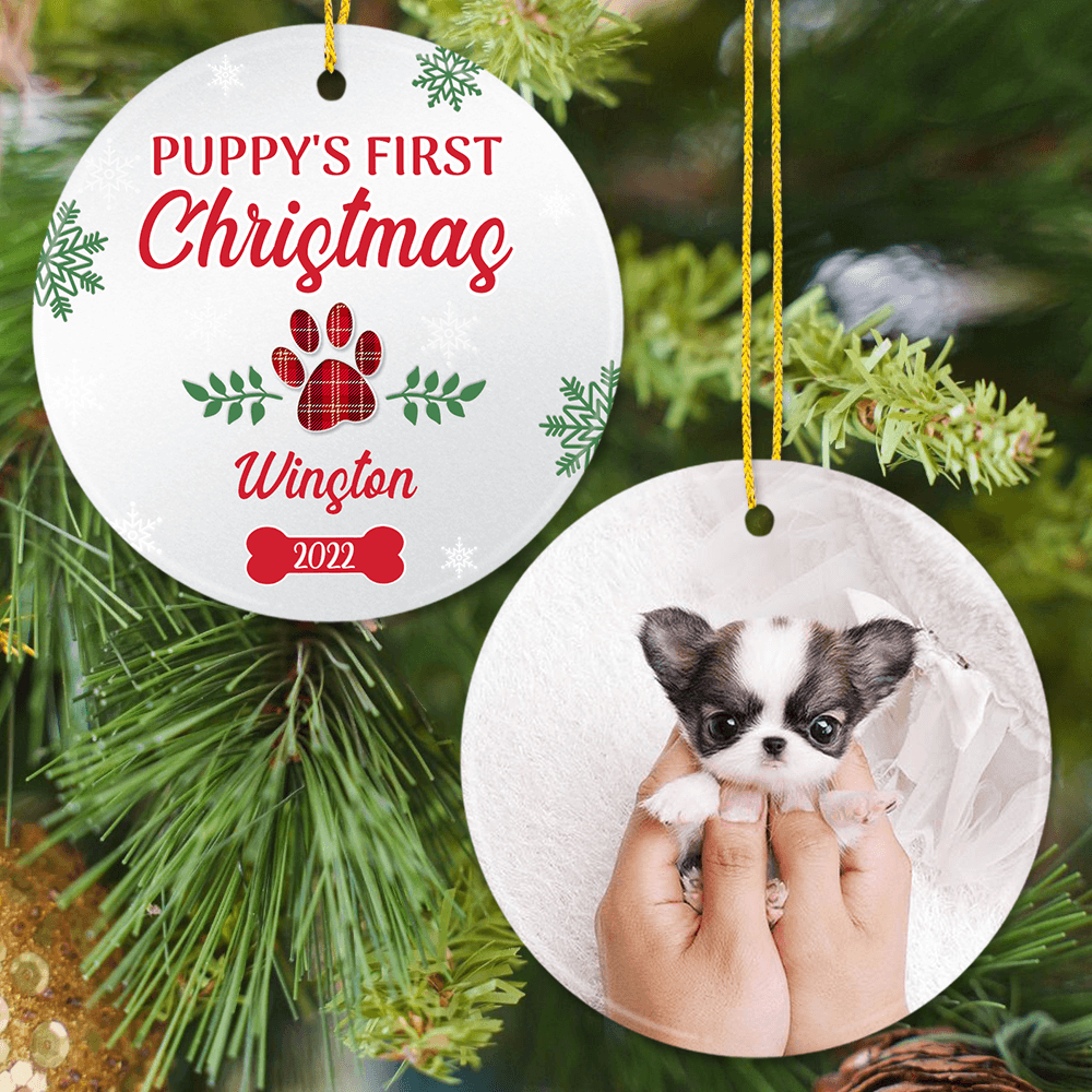 Personalized Dog First Christmas Ceramic Ornament Gifts - Custom Name, Photo & Year