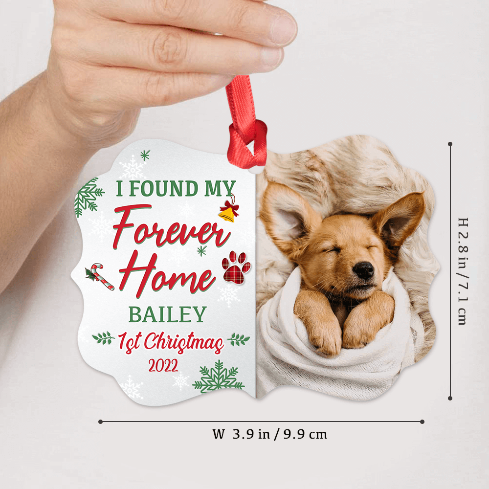 Personalized Dog First Christmas Medallion Metal Ornament - I found my forever home - Custom Photo, Name & Year
