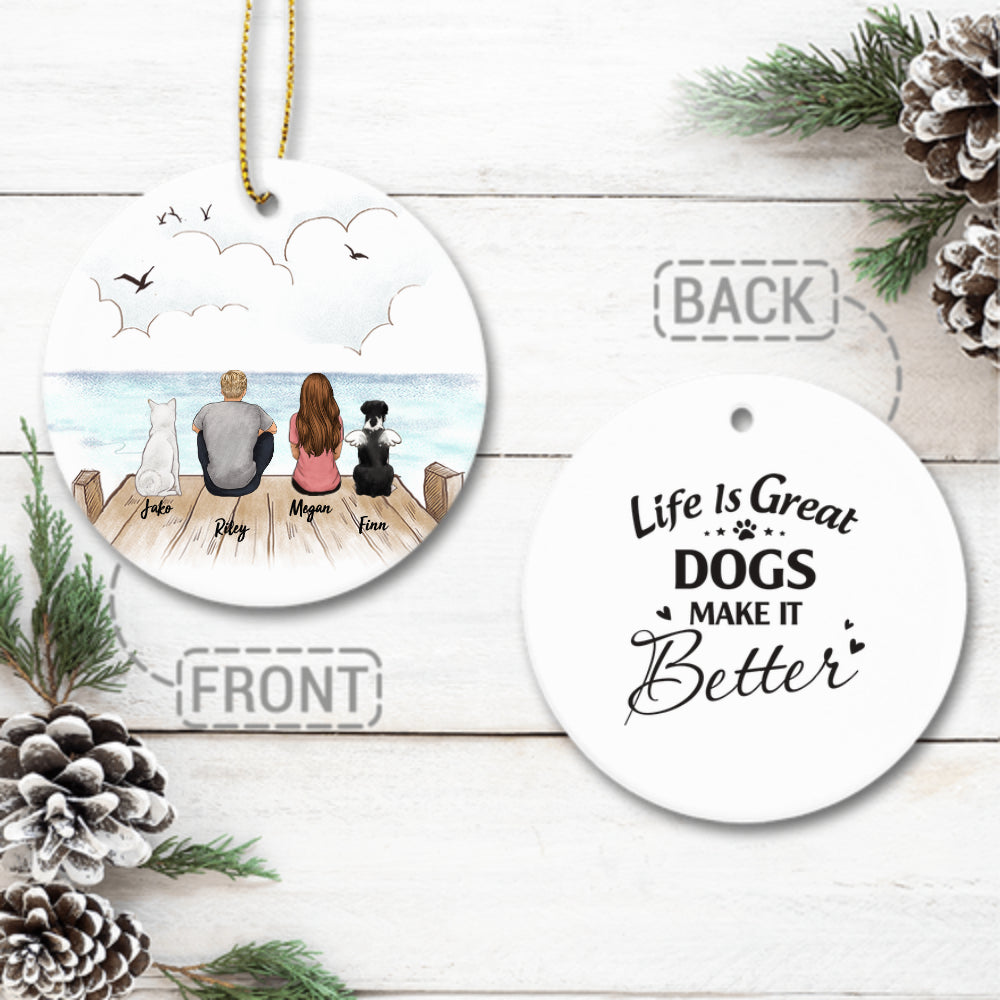 Personalized Ceramic Ornament gifts for dog lovers (2 sides 2 designs) - DOG & COUPLE - Custom Message - Wooden Dock