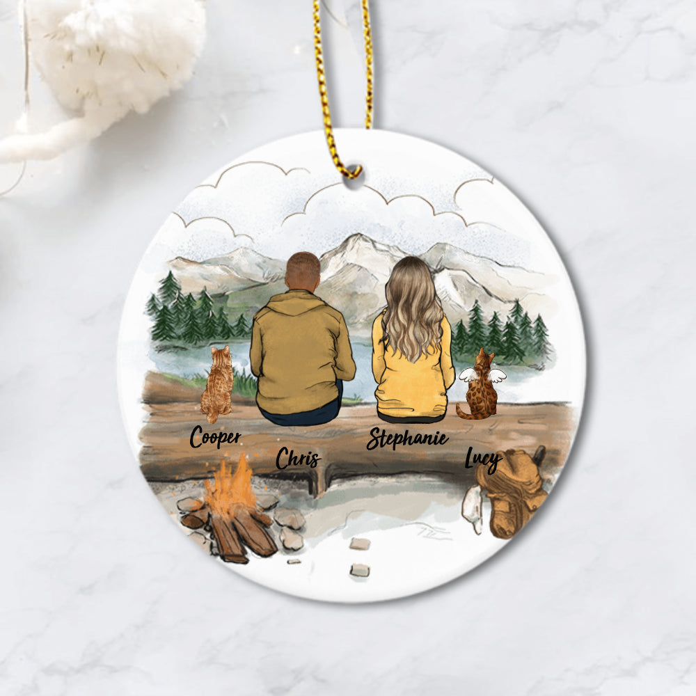 Personalized cat Christmas Ceramic Ornament gift for cat lovers (PRINTED ON BOTH SIDES) - CAT & COUPLE -  Mountain - Hiking - 2408