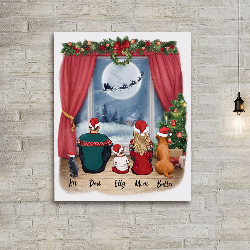 Personalized canvas print gifts for the whole family with dog, cat  - UP TO 5 PEOPLE & PETS - Waiting for Santa