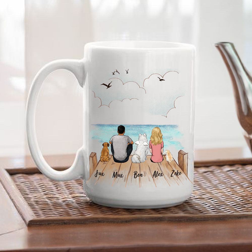 dog and dog owner sitting on wooden dock 15oz mug gift for dog lovers