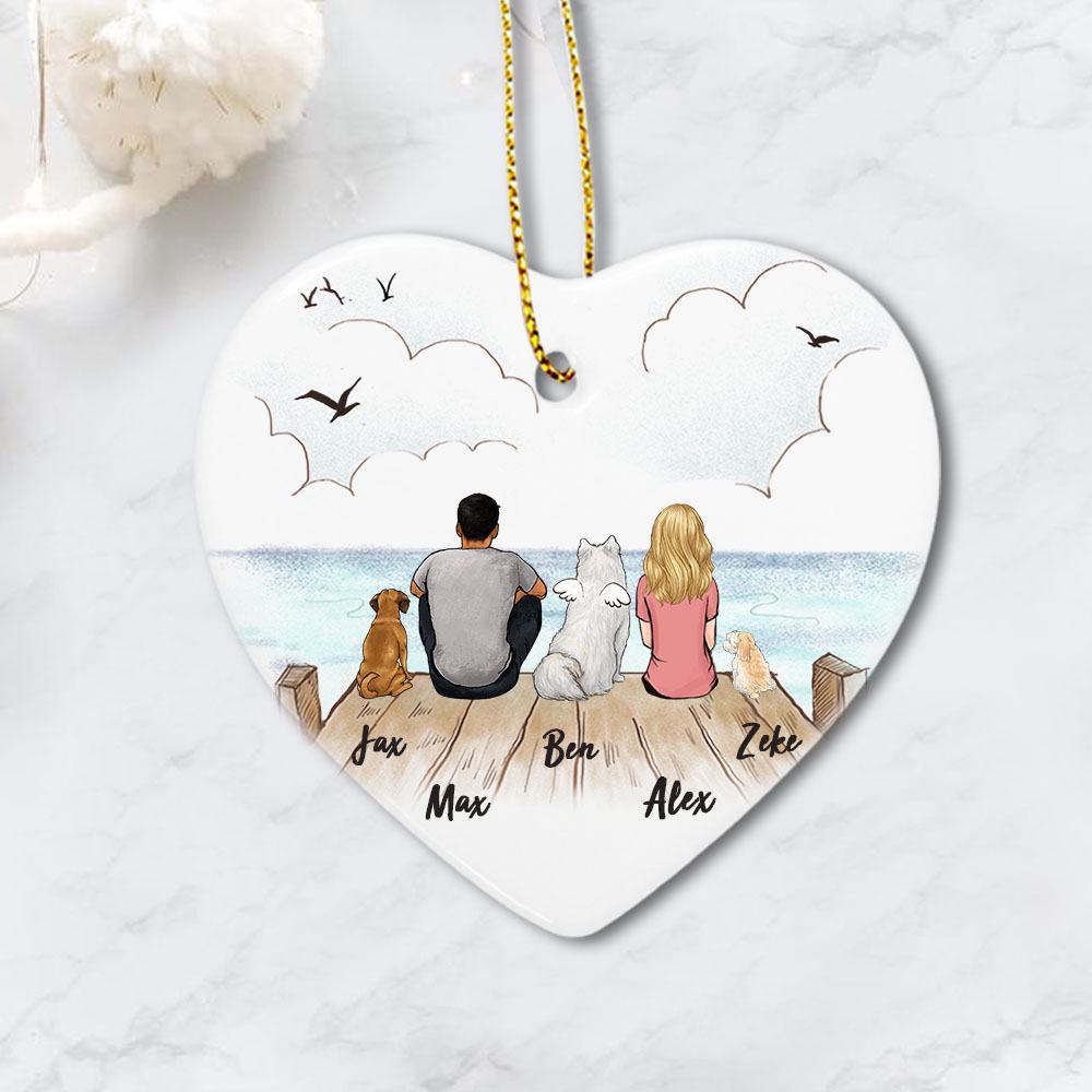 dog and dog owner sitting on wooden dock heart ornament gift for dog lovers