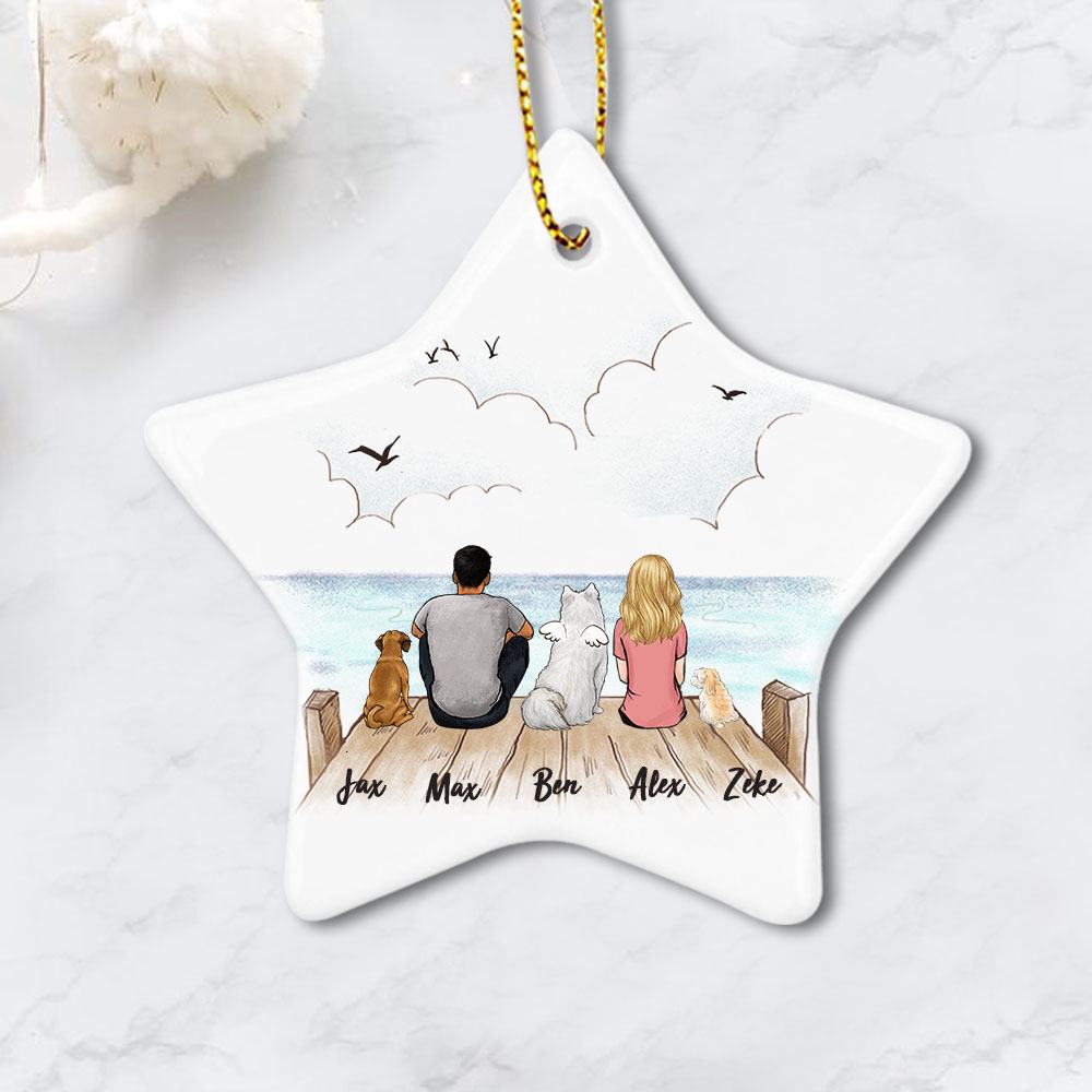 dog and dog owner sitting on wooden dock star ornament gift for dog lovers
