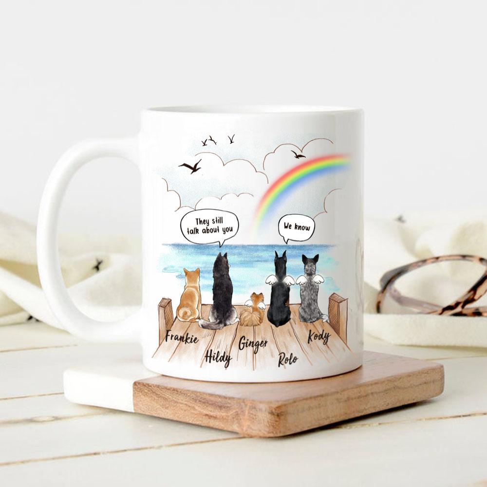 dog sitting on wooden dock and saying still talk to you 11oz mug dog memorial gift