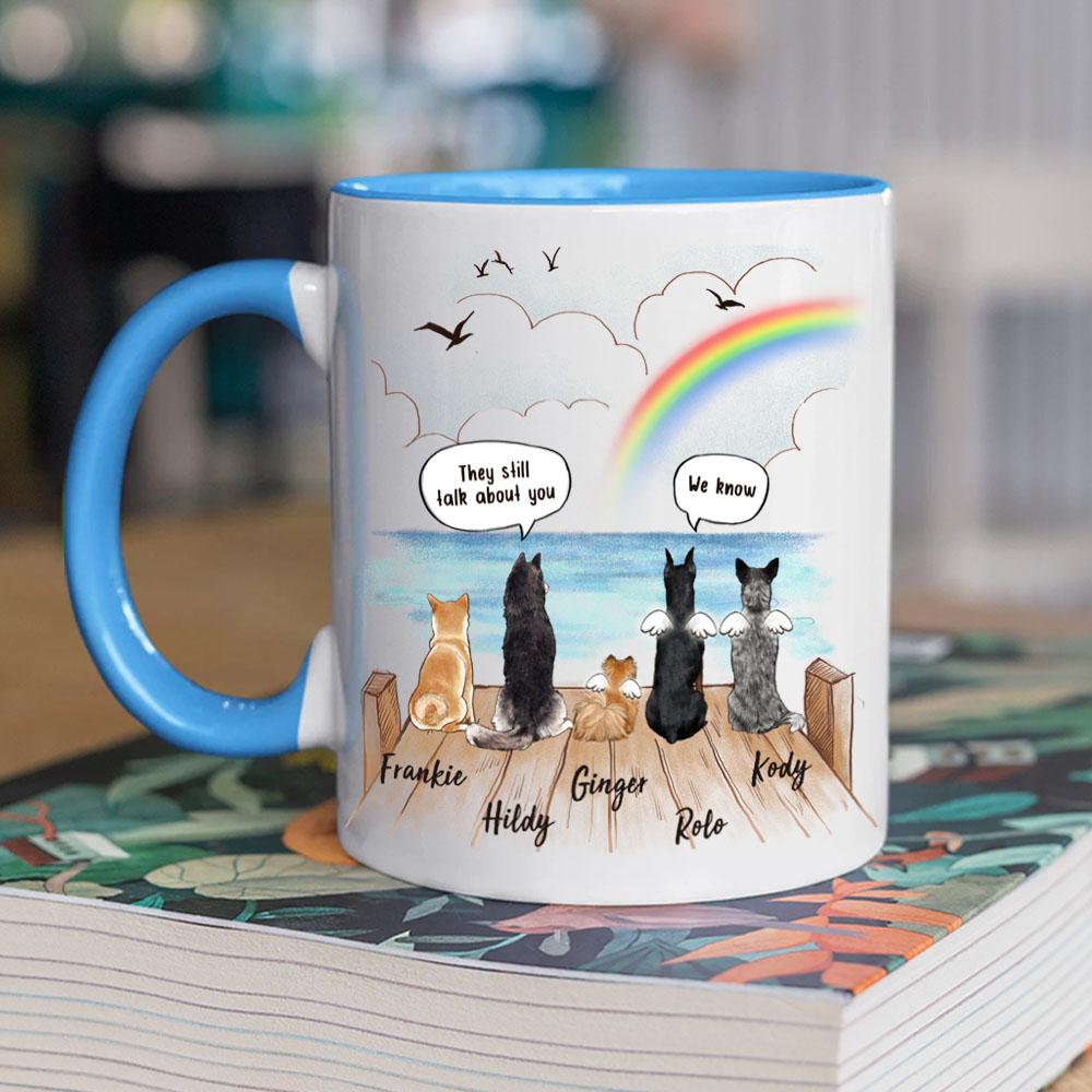 dog sitting on wooden dock and saying still talk to you light blue two tone accent mug dog memorial gift