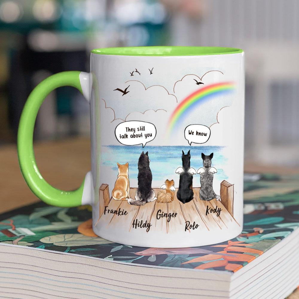 dog sitting on wooden dock and saying still talk to you light green two tone accent mug dog memorial gift