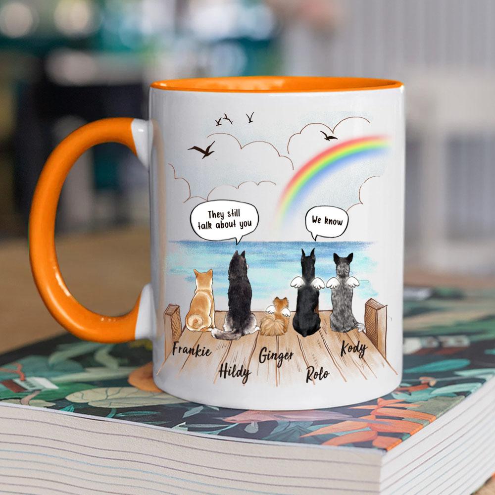 dog sitting on wooden dock and saying still talk to you orange two tone accent mug dog memorial gift